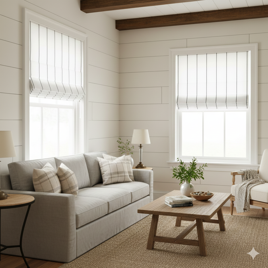 Cozy living room with a gray sofa, wooden coffee table, white walls and striped linen flat roman shade.