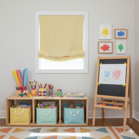 Yellow Linen Relaxed Roman Shade with Yellow Pom Pom, Blackout option/CL1010 - Classic & Modern Home