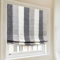 Modern Vintage White, Light Grey and Dark Grey Striped Linen Custom Made Flat Roman Shade