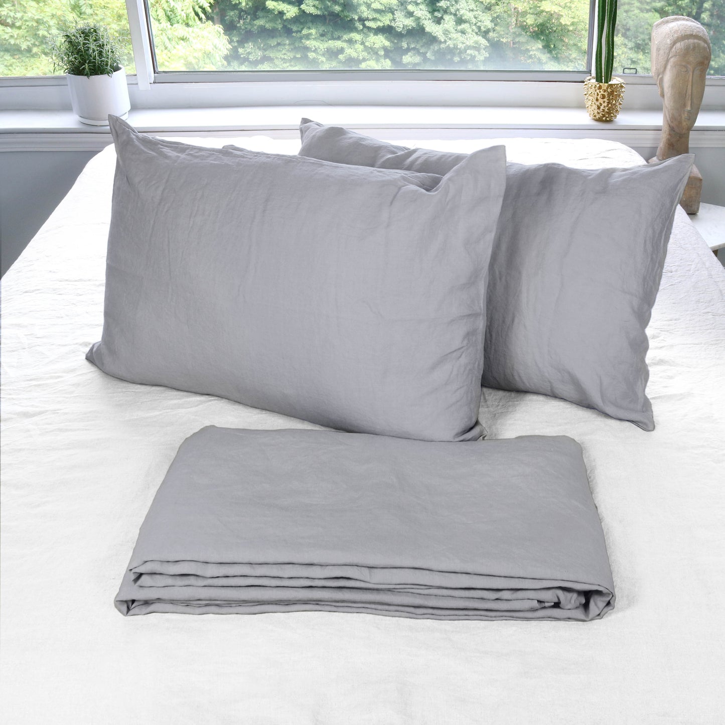Light Gray Stonewashed Duvet Cover Set Organic 100% French Linen - Classic & Modern Home