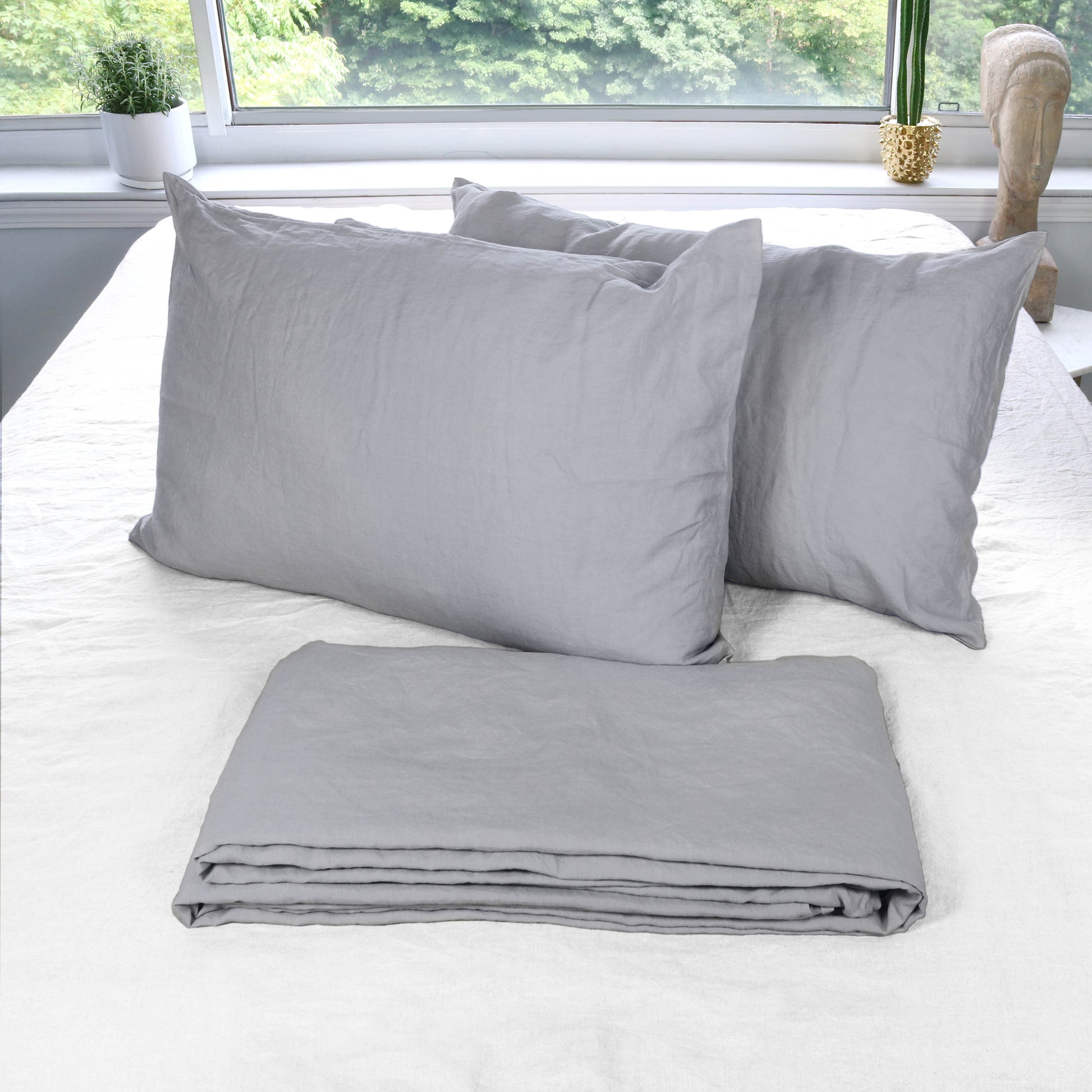 Light Gray Stonewashed Duvet Cover Set Organic 100% French Linen - Classic & Modern Home