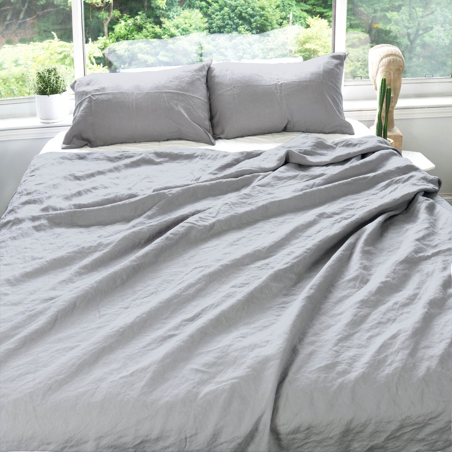 Light Gray Stonewashed Duvet Cover Set Organic 100% French Linen - Classic & Modern Home