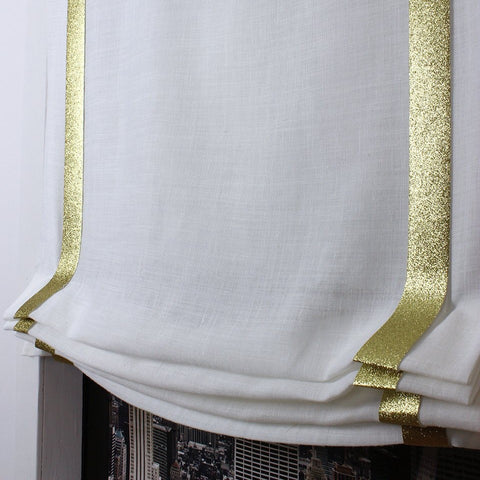White Linen Relaxed Roman Shade with Multi Color Beads Trim