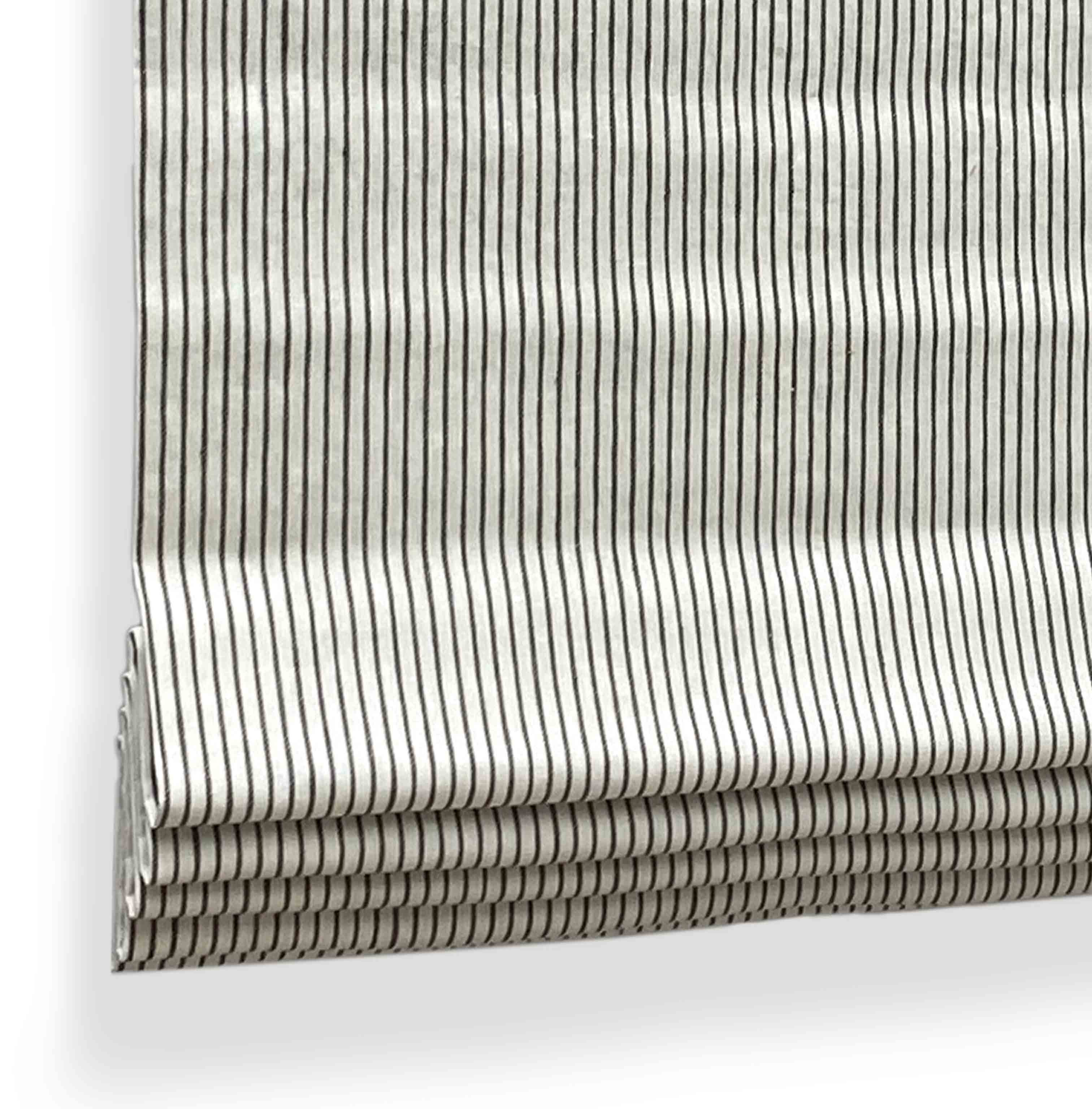 Grey color thin striped on 100% linen Flat roman shade.