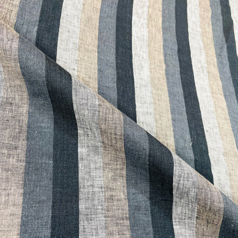 Linen Blend Embroidered Grey Indigo Stripe Sheer Fabric By The Yard, Curtain, Drapery, Table Top, 118" Width/CL1032