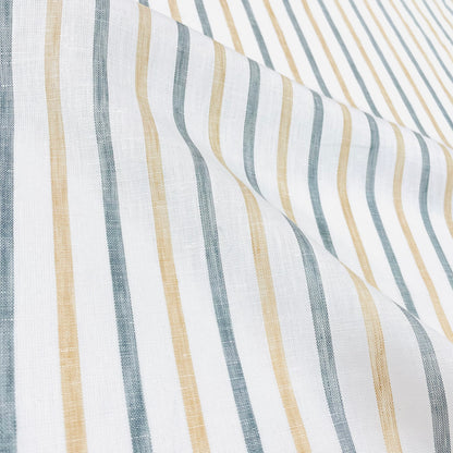White linen fabric with alternating green and yellow vertical stripes.