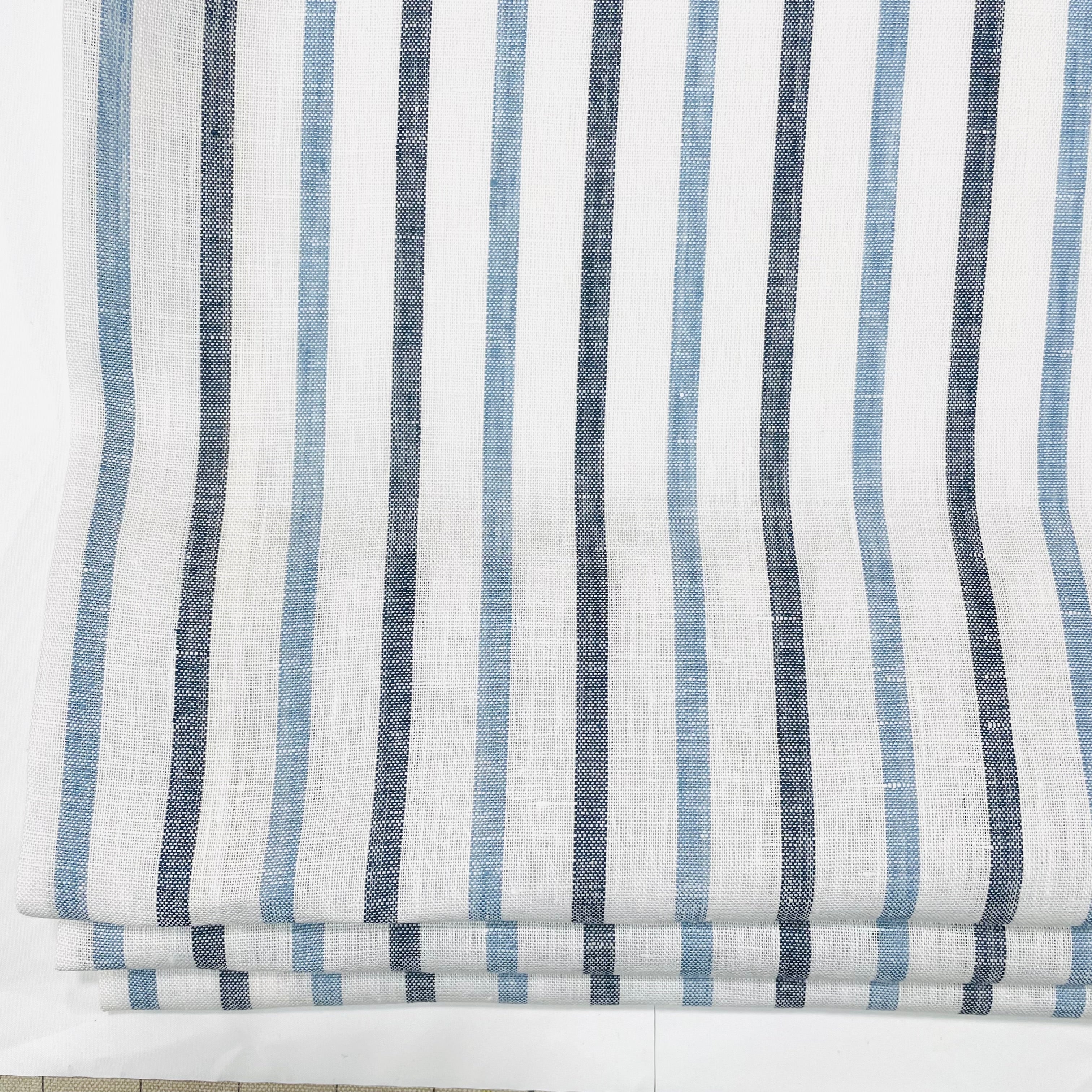 Blue Grey Striped 100% Natural Linen Flat Relaxed Casual Roman Shade