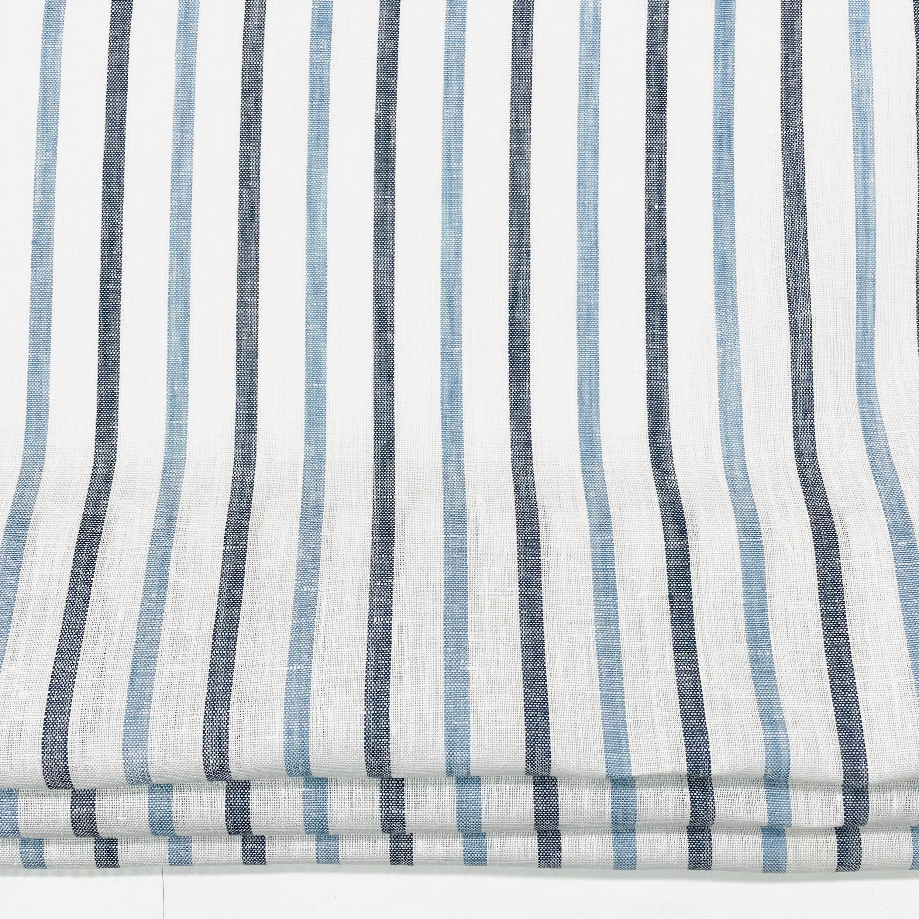 Blue Grey Striped 100% Natural Linen Fabric By The Yard
