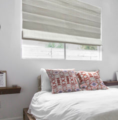 Herringbone pattern 100% natural linen custom made flat roman shade in bedroom.