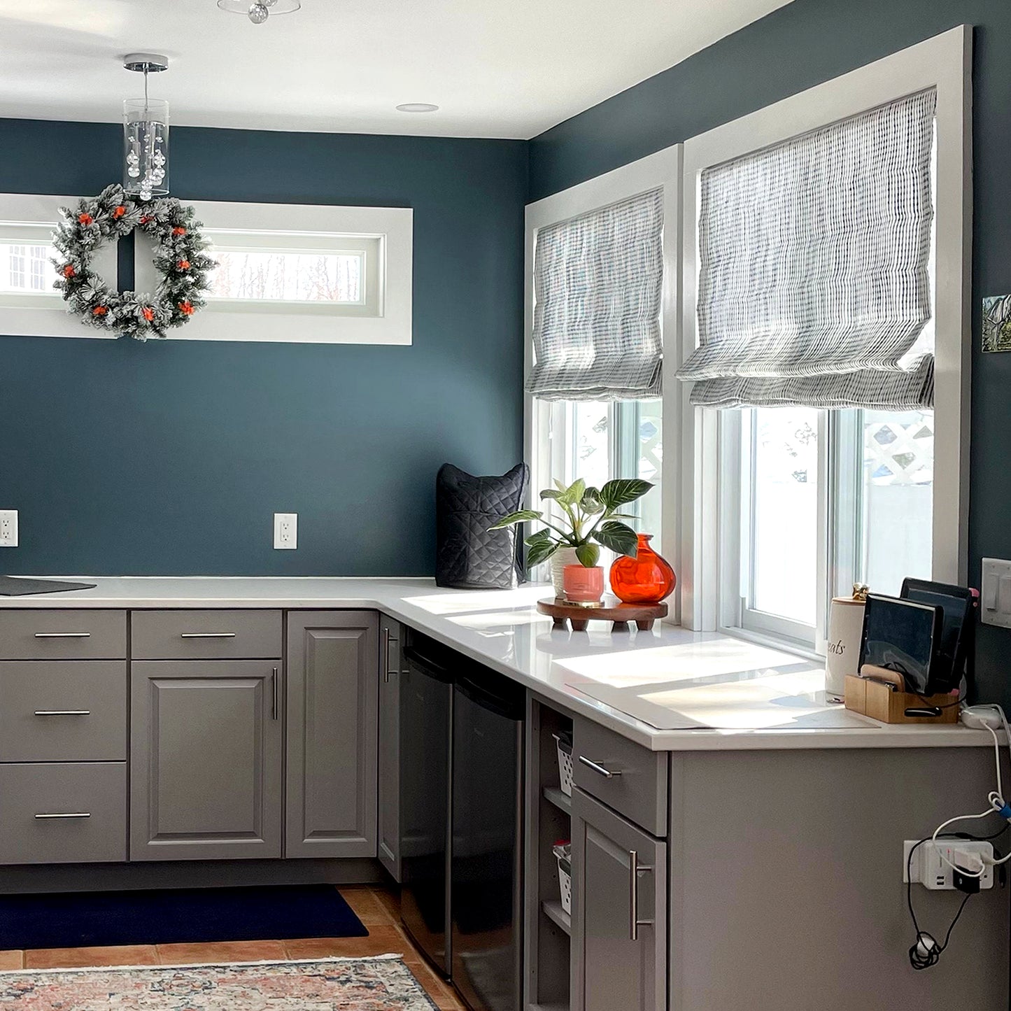 Dot Embroidered Blue Indigo Stripe Sheer Blend Linen Fabric Flat Roman Shade / CL1032 - Classic & Modern Home