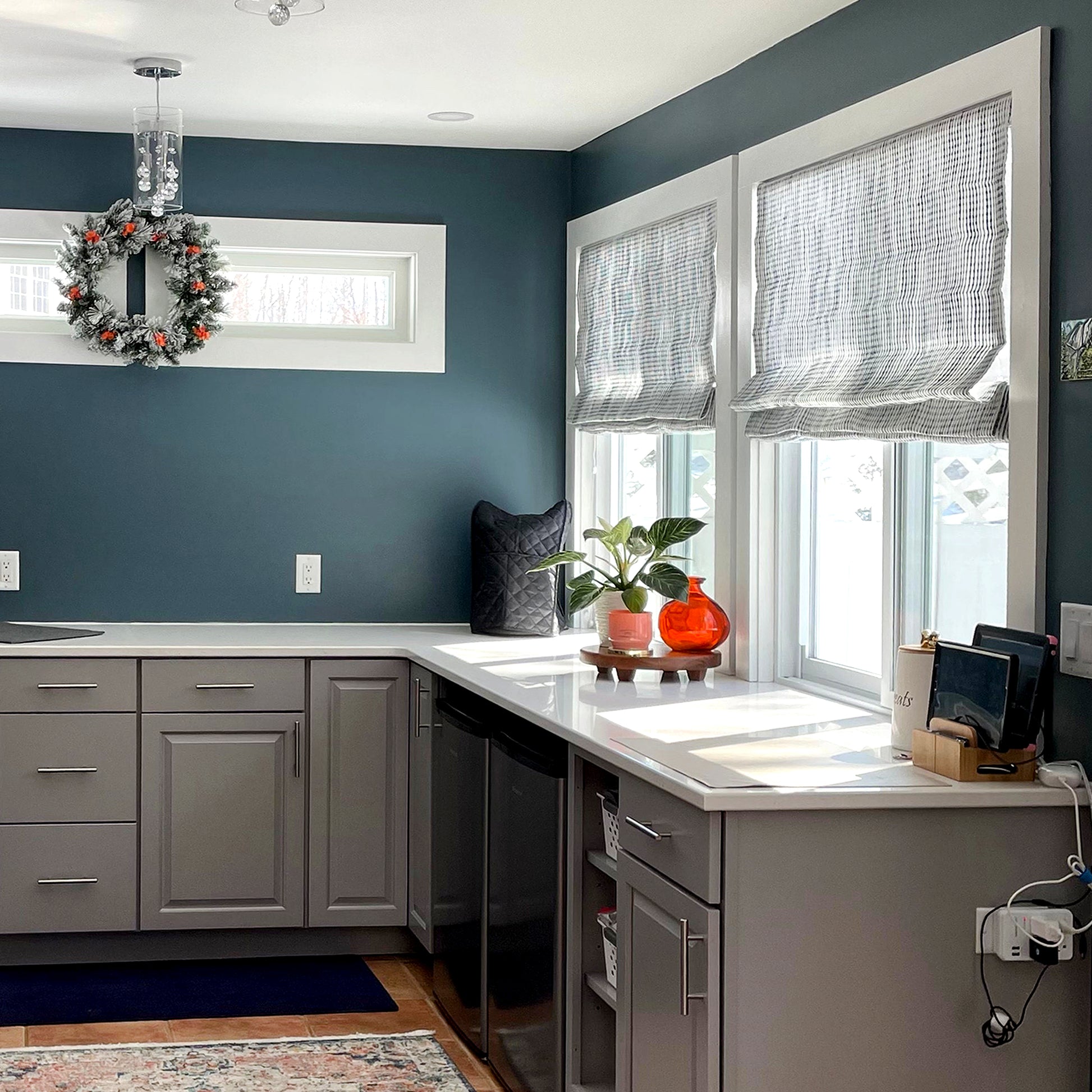 Dot Embroidered Blue Indigo Stripe Sheer Blend Linen Fabric Flat Roman Shade / CL1032 - Classic & Modern Home