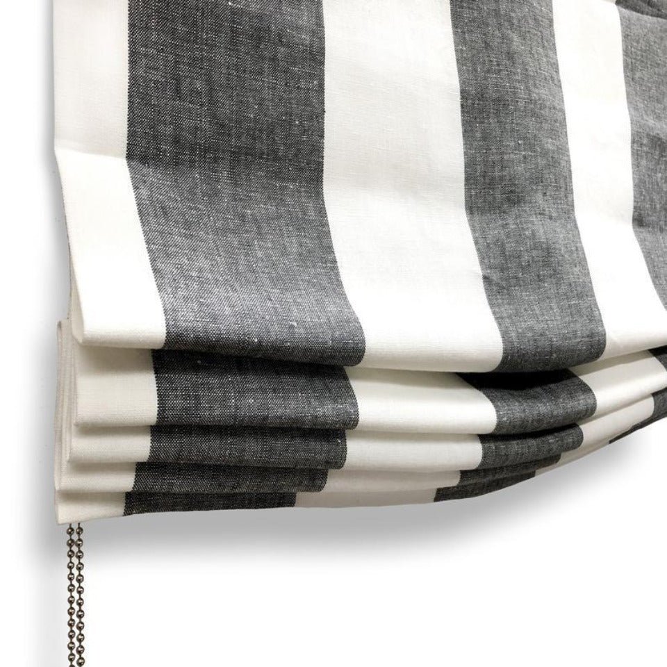 wide grey white striped relaxed roman shade with silver color chain