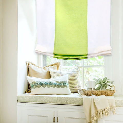 White Flat Roman Shades with Band Bordered Sea Green Olive