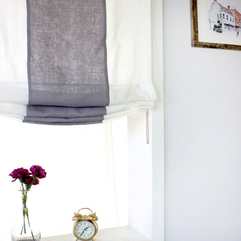 White Flat Roman Shades with Band Bordered Gray/CL1010