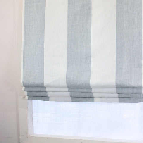 Gray 100% Natural Linen Flat Roman Shades with Banded White Trim